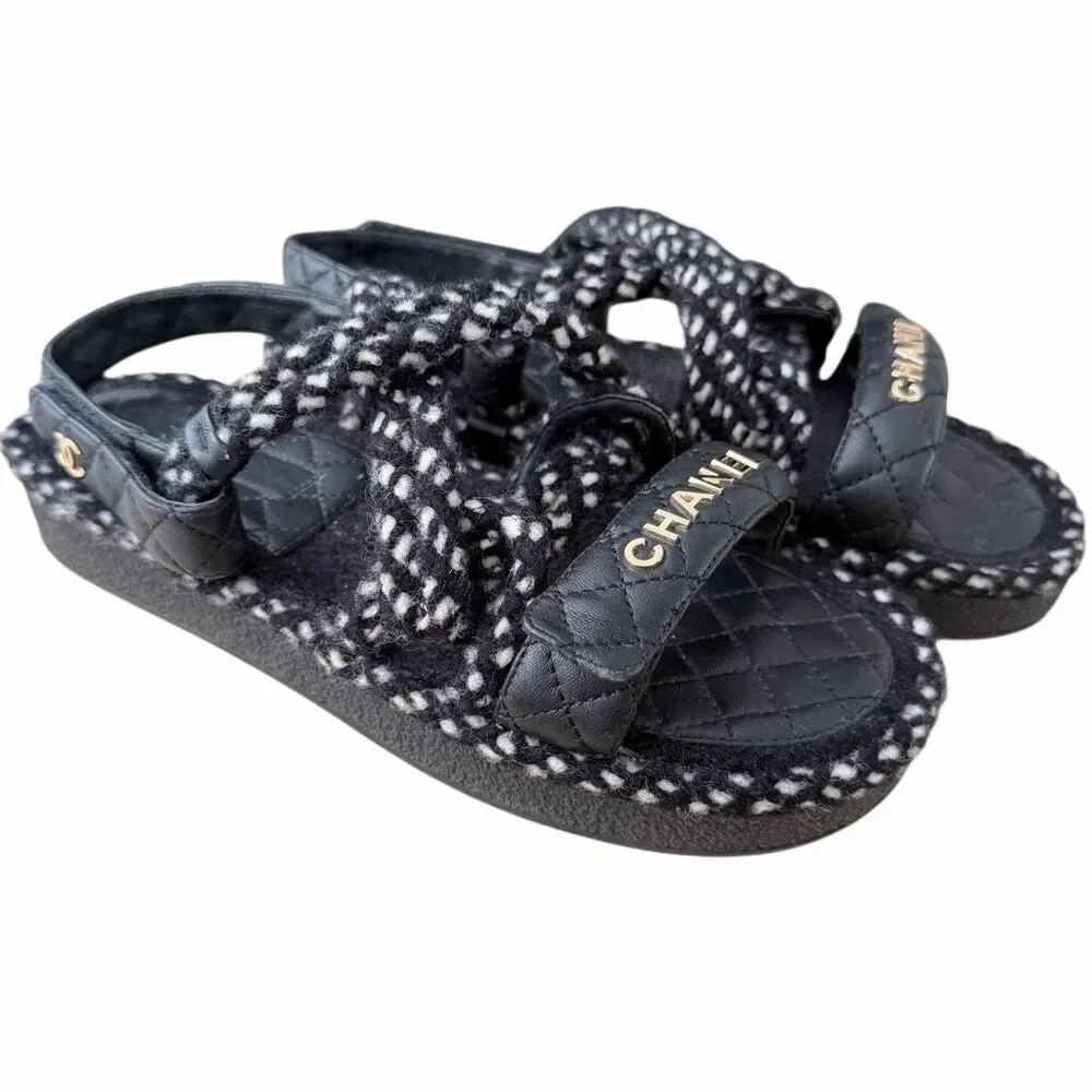 Chanel Black and White Cord and Quilted Lambskin Dad Sandals 40